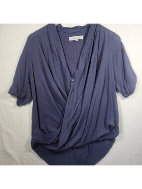 Miss‎ Lulo Womens Wrap Front Surplice Blouse Blue Purple V-Neck Short Sleeve L